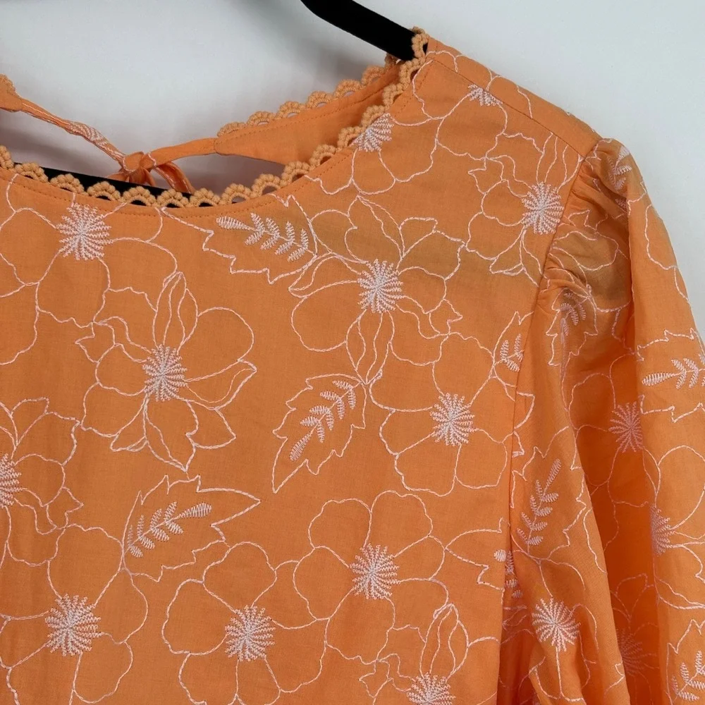 LOFT Orange Floral Embroidered Open Back‎ Puff Sleeve Top XL NWT 36722396
